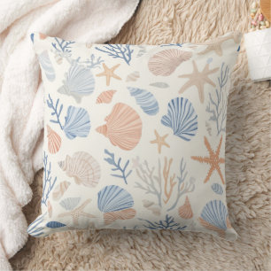 Coastal Seashell Starfish Blue Peach Cream Cushion