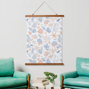 Coastal Seashell Starfish Blue Peach Cream Hanging Tapestry
