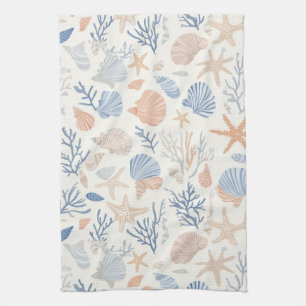 Coastal Seashell Starfish Blue Peach Cream Tea Towel