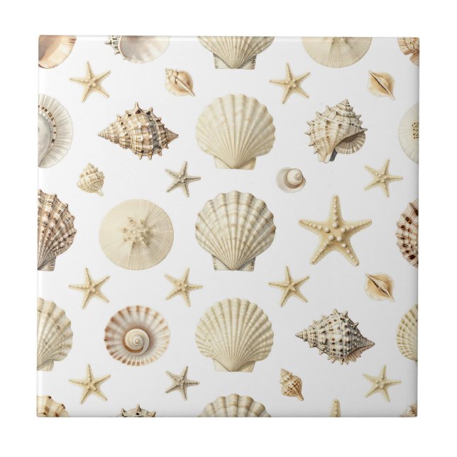 Coastal Seashell Starfish Seamless Pattern Ceramic Tile (Front)
