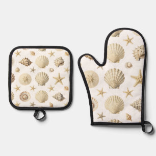 Coastal Seashell Starfish Seamless Pattern Oven Mitt & Pot Holder Set