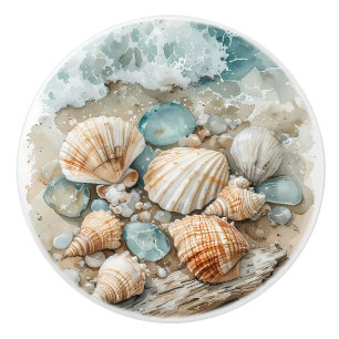 Coastal Seashell Watercolor Driftwood Scene Ceramic Knob