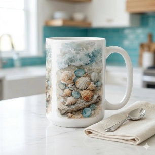 Coastal Seashell Watercolor Driftwood Scene Coffee Mug