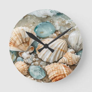 Coastal Seashell Watercolor Driftwood Scene Round Clock