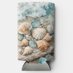 Coastal Seashell Watercolor Driftwood Scene Seltzer Can Cooler