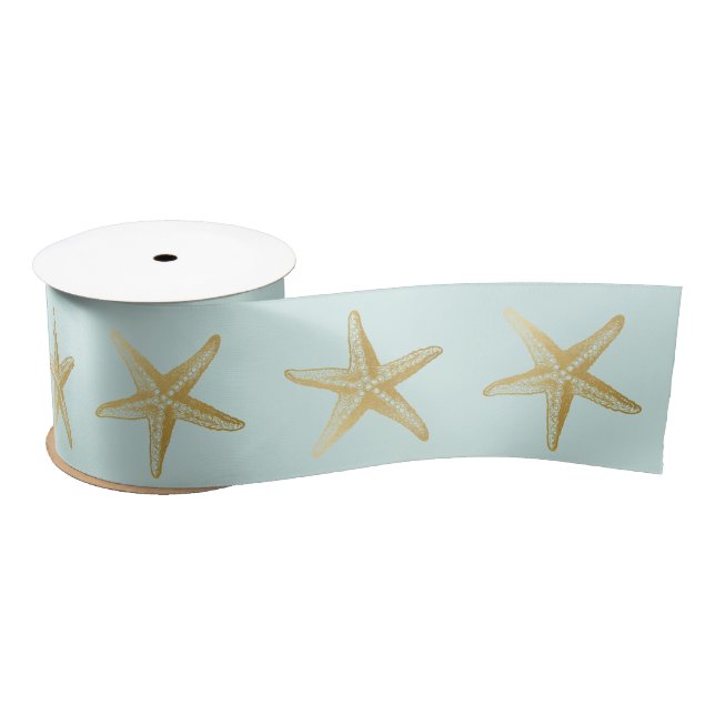Coastal Seashell Wedding Aqua Blue Gold Starfish Satin Ribbon (Spool)