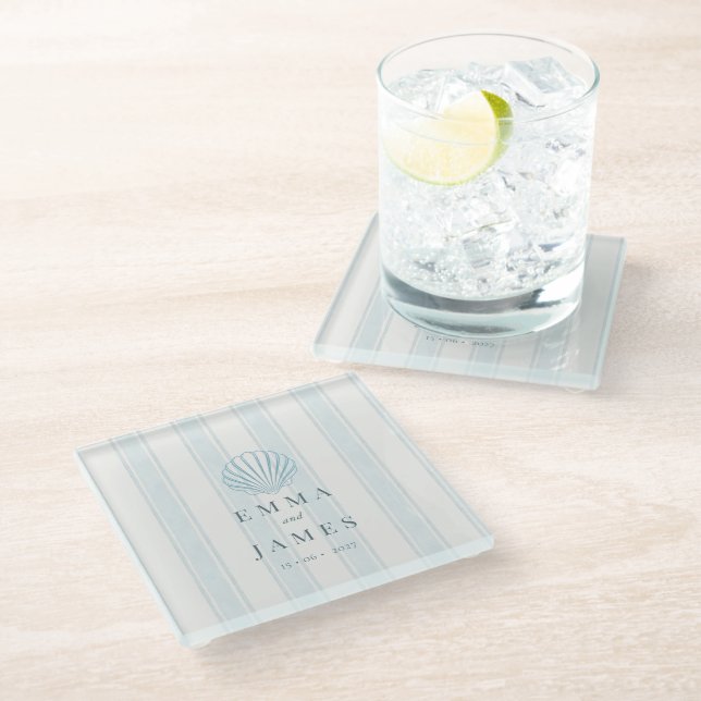 Coastal Seashell White Blue Wedding  Glass Coaster (Angled)