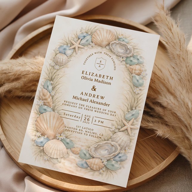 Coastal Seashell Wreath Wedding Invitation (Creator Uploaded)
