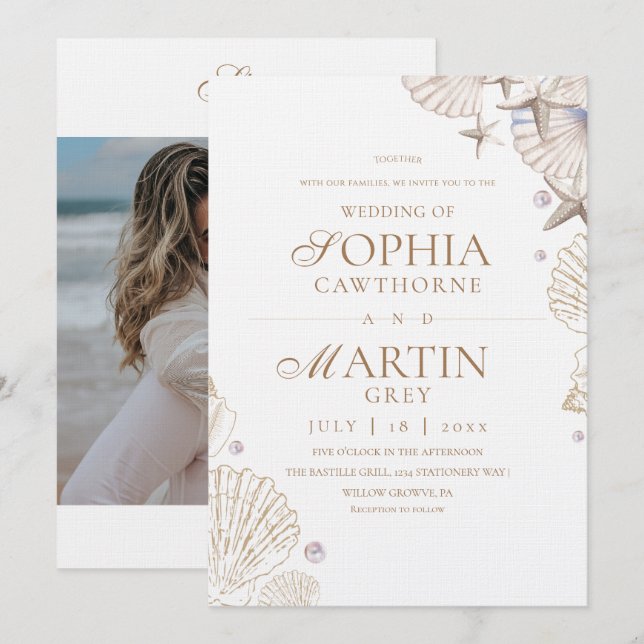 Coastal Seashells Beach Wedding Photo Invitation (Front/Back)