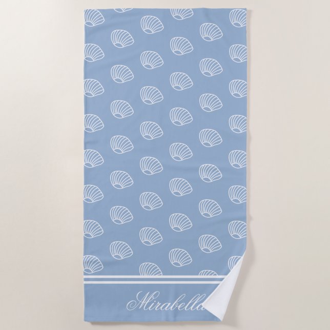 Coastal Seashells Elegant Blue Monogrammed Beach Towel (Front)