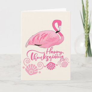 Coastal Seashells Flamingo Happy Thanksgiving Card