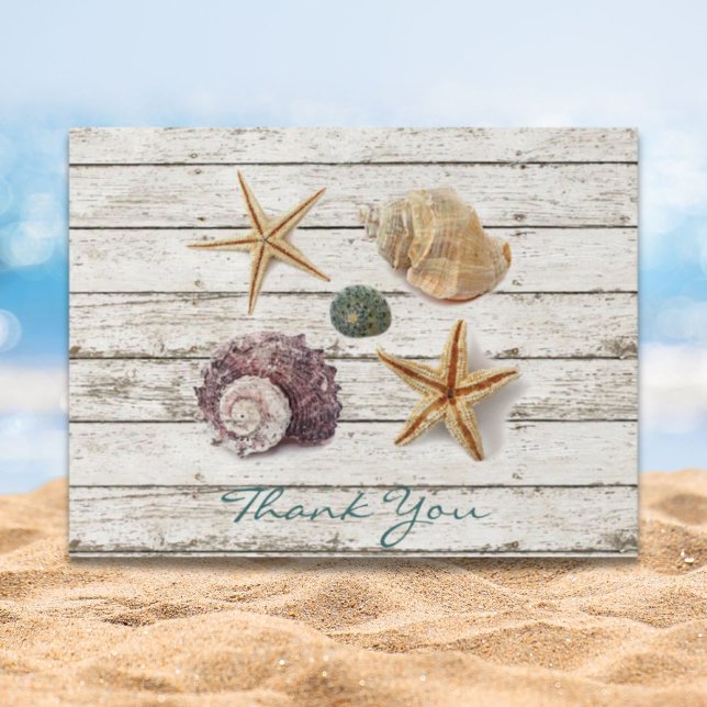 Coastal seashells summer beach wedding thank you postcard (Coastal seashells beach wedding thank you postcard)
