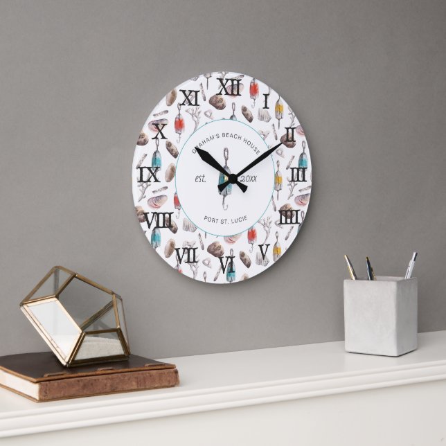 Coastal Seaside | Beach House Family Name Large Clock (Office)