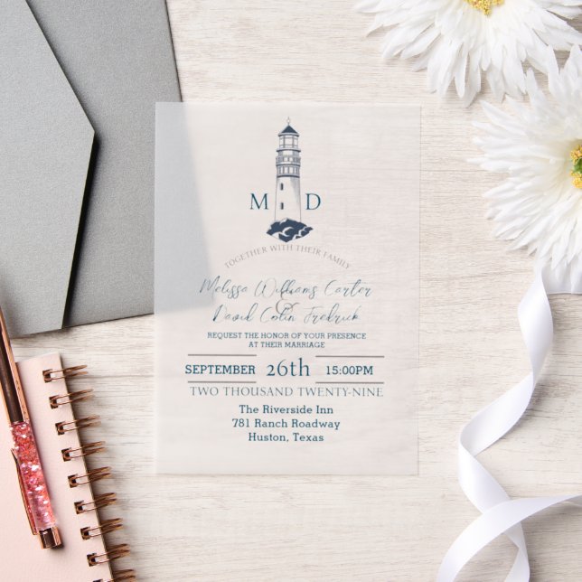 Coastal Seaside Beach Nautical Lighthouse Wedding  Vellum Invitations (Wedding)