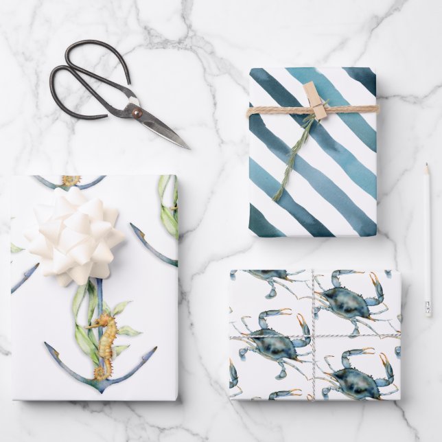 Coastal Seaside Nautical Delights Pattern Wrapping Paper Sheet (Front)