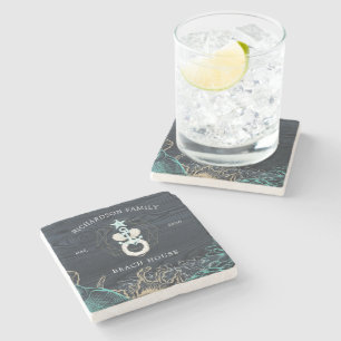 coastal seaside turquoise monogram  stone coaster