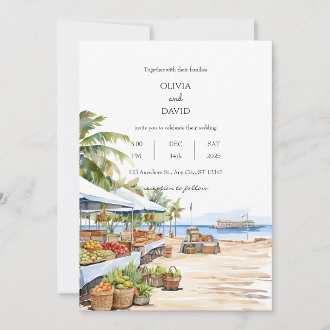  Coastal Seaside Village Market Sea View Wedding  Invitation (Front)