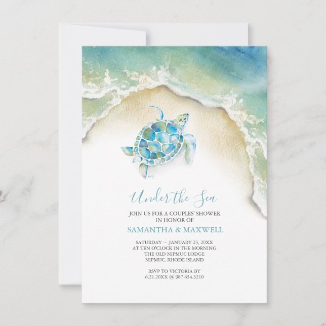 Coastal SeaTurtle Blue Baby Shower Watercolor Invitation (Front)