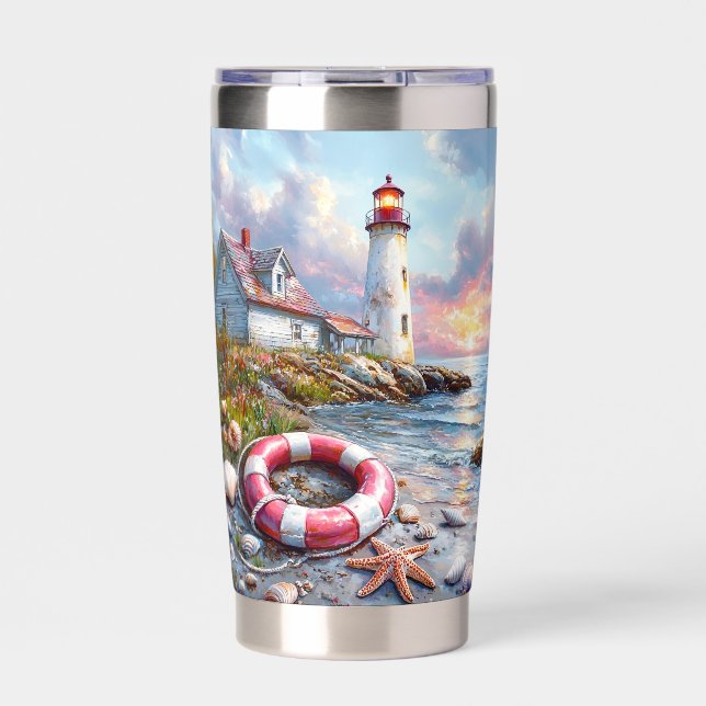 Coastal Serenity at Sunset – Lighthouse  Insulated Tumbler (Front)