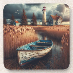 Coastal Serenity: Lighthouse and Rowboat Coaster