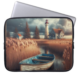 Coastal Serenity: Lighthouse and Rowboat Laptop Sleeve