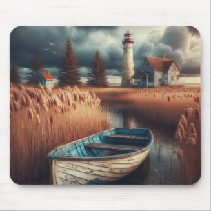Coastal Serenity: Lighthouse and Rowboat Mouse Pad