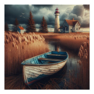 Coastal Serenity: Lighthouse and Rowboat Poster