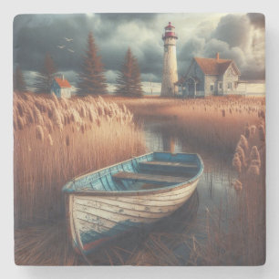 Coastal Serenity: Lighthouse and Rowboat Stone Coaster