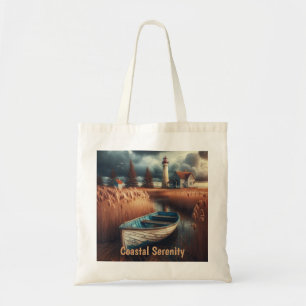 Coastal Serenity: Lighthouse and Rowboat Tote Bag