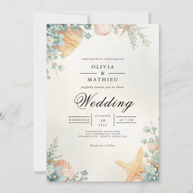 Coastal Shell Botanical Arch Wedding Invitation (Front)