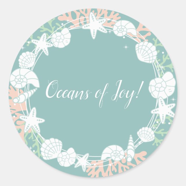 Coastal Shell Christmas Wreath Classic Round Sticker (Front)