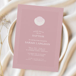 Coastal shell dusty pink striped baptism Invitatio Invitation