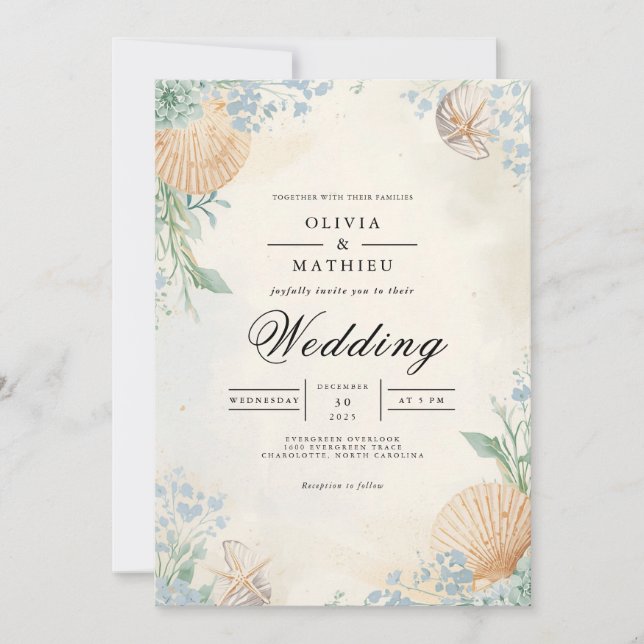 Coastal Shell Floral Arch Wedding Invitation (Front)