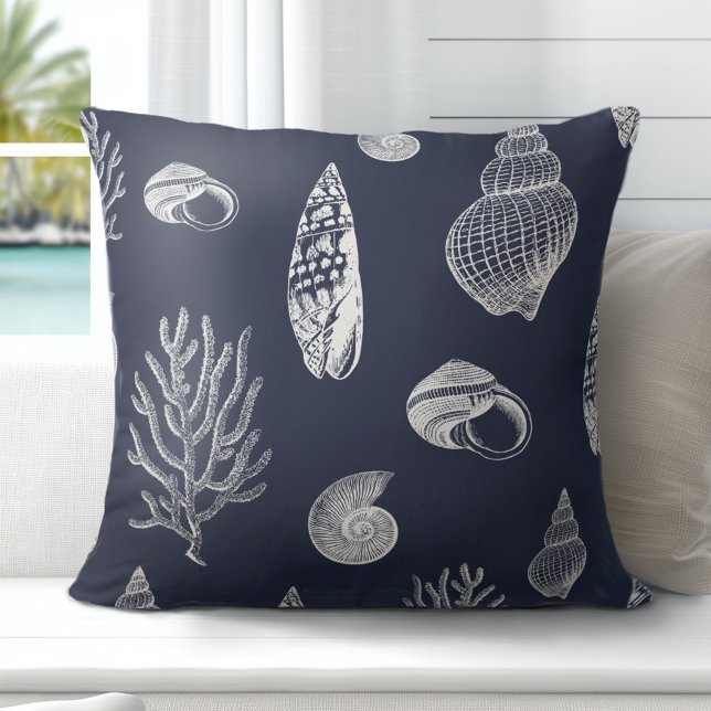 Coastal Shell Navy Blue White Cushion (Discover Gorgeous Coastal Throw Pillows by Totally Coast.)