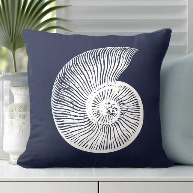 Coastal Shell Navy Blue White Cushion (Discover Gorgeous Coastal Throw Pillows by Totally Coast.)