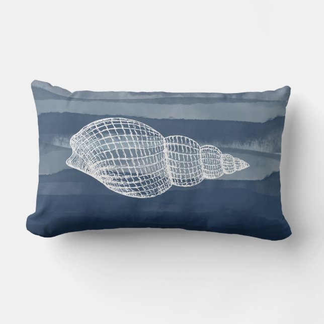 Coastal Shell Navy Blue White Outdoor Lumbar Cushion (Front)