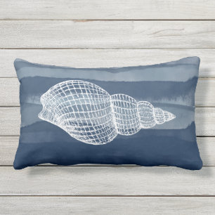 Coastal Shell Navy Blue White Outdoor Lumbar Cushion