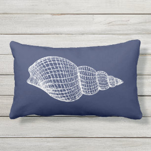 Coastal Shell Navy Blue White Outdoor Lumbar Pillo Cushion