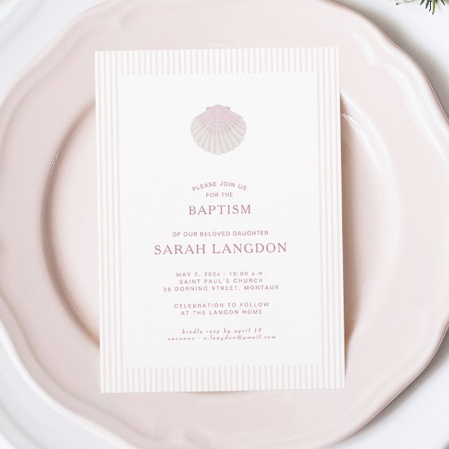 Coastal shell white pink baptism Invitation (Creator Uploaded)