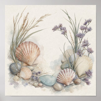 Coastal Shells and Sea Lavender Square Wall Art Pr
