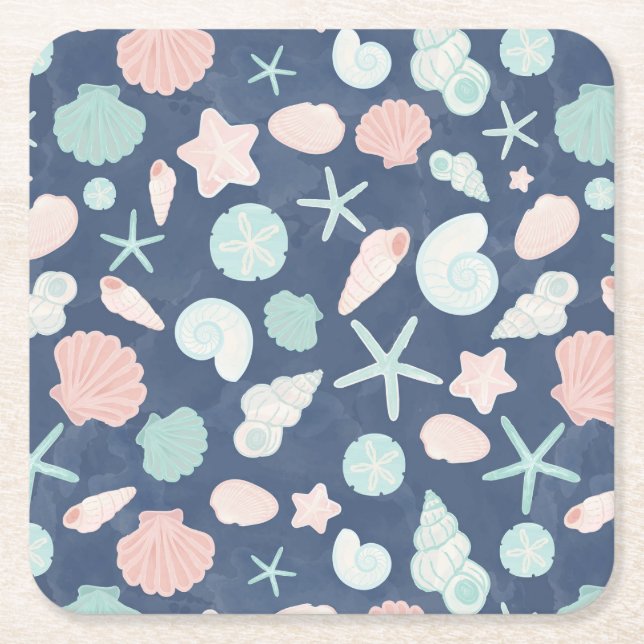 Coastal Shells Beach & Ocean Design Square Paper Coaster (Front)
