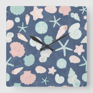 Coastal Shells Beach & Ocean Design Square Wall Clock