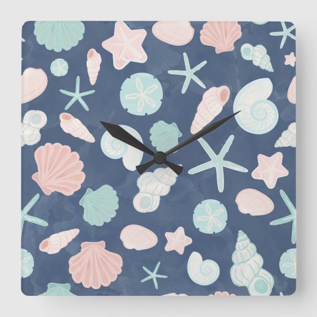 Coastal Shells Beach & Ocean Design Square Wall Clock (Front)