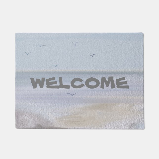 Coastal Shoreline Beach Watercolor Welcome Doormat (Front)