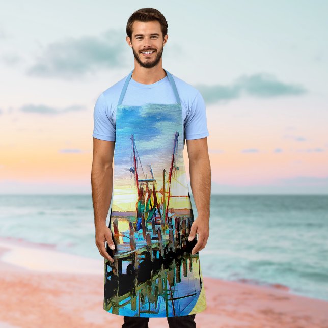 Coastal Shrimp Boat at Sunset Painterly Apron (Creator Uploaded)