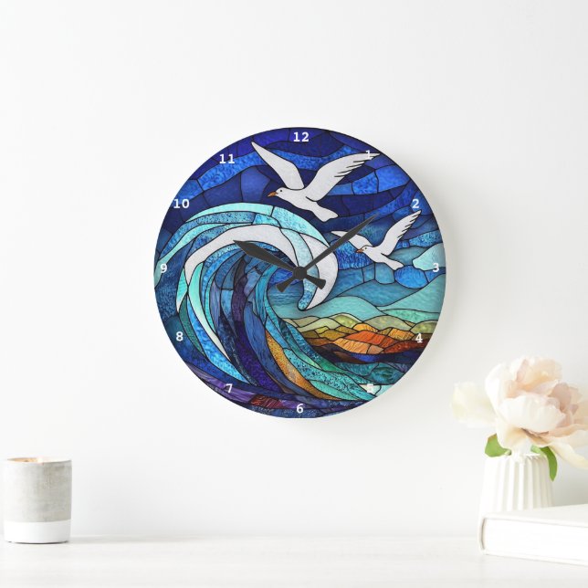 Coastal Skies Stained Glass Seas Seagull Ocean Large Clock (Home)