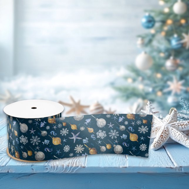 Coastal Snowflakes & Nautical Elements Pattern Satin Ribbon (Coastal Snowflakes & Nautical Elements Pattern Satin Ribbon)