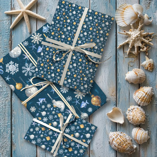 Coastal Snowflakes & Nautical Elements Wrapping Paper Sheet
