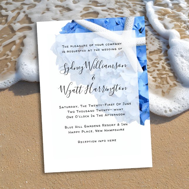 Coastal Starfish and Blue Hydrangea Wedding Invitation (Creator Uploaded)