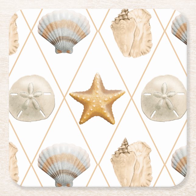 Coastal Starfish and Seashells Square Paper Coaster (Front)